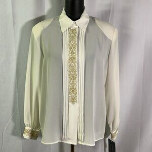 Vintage NWT Laura Scott White & Gold Embroidered Button Front Blouse